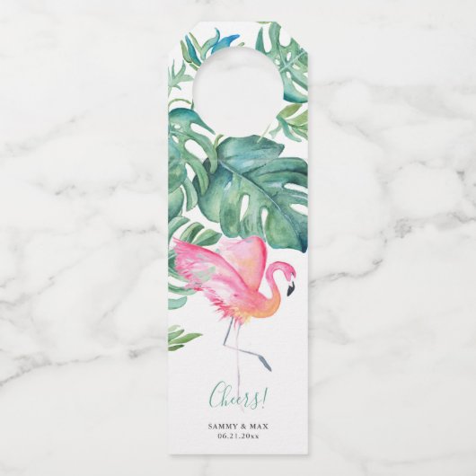 熱帯ピンクのフラミンゴワインの贈り物 ボトルネックタグ (正面)