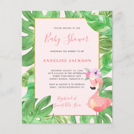 熱帯ピンクのフラミンゴ予算ベビーシャワー招待状 (正面)