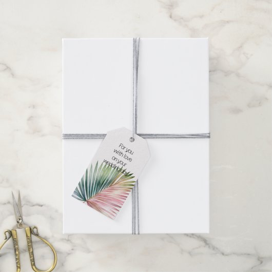 熱帯ピンクの緑結婚の葉 ギフトタグ (より糸付き)