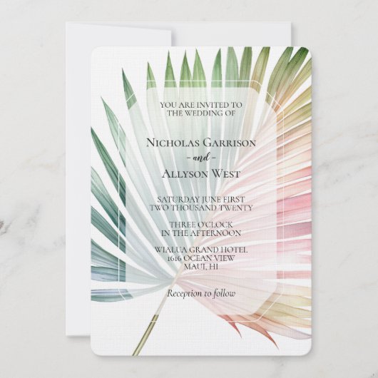 熱帯ピンクの緑結婚の葉 招待状 (正面)