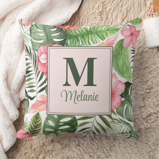 熱帯ピンクの花とモンステラのモノグラム クッション (ブランケット)