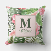 熱帯ピンクの花とモンステラのモノグラム クッション (正面)