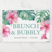 熱帯ピンクの花の水色 スパークリングワインラベル (シングルラベル)