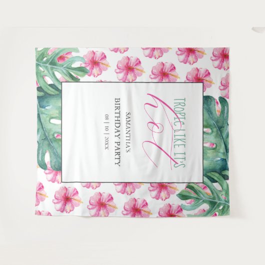 熱帯ピンクの花の誕生日パーティーの背景 タペストリー (正面(横))