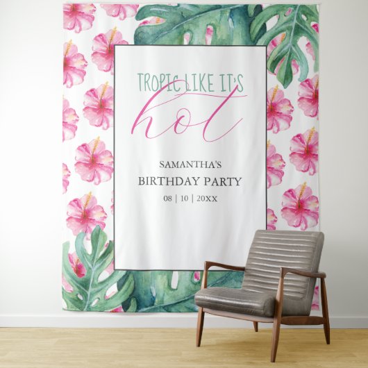 熱帯ピンクの花の誕生日パーティーの背景 タペストリー (インサイチュ)