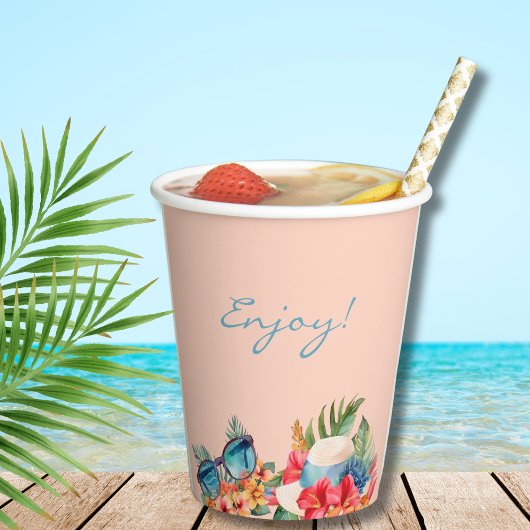 熱帯ピンクの花ビーチブライダルシャワー 紙コップ
