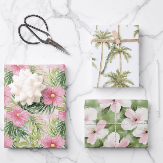 熱帯ピンクの花ヤシ結婚の木 ラッピングペーパーシート (正面)