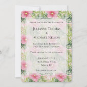 熱帯ピンクの花結婚の数 招待状 (正面)