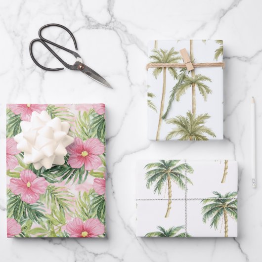熱帯ピンクの花金ゴールドヤシ結婚の木 ラッピングペーパーシート (正面)