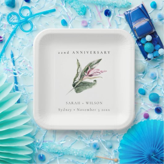 熱帯ピンクの葉フローラ任意の年 ペーパープレート (パーティー)