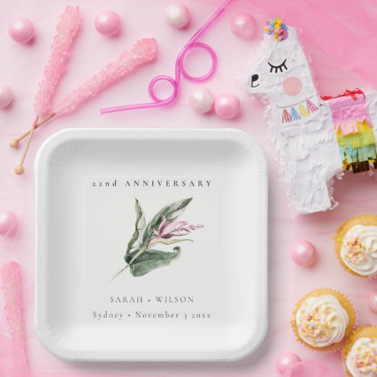 熱帯ピンクの葉フローラ任意の年 ペーパープレート (パーティー)