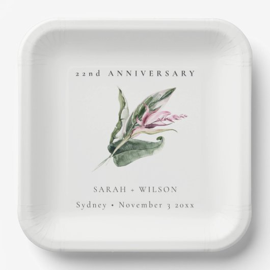 熱帯ピンクの葉フローラ任意の年 ペーパープレート (正面)