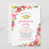 熱帯ピンクの金ゴールドハイビスカス花卒業 招待状 (正面)