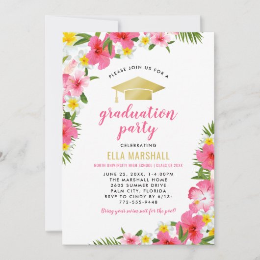 熱帯ピンクの金ゴールドハイビスカス花卒業 招待状 (正面)