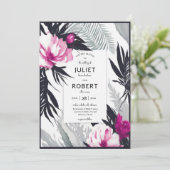 熱帯ピンクの黒い花パーム結婚リーフ 招待状 (スタンド正面)