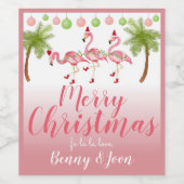 熱帯ピンクガーリーのクリスマスフラミンゴの水色 ワインラベル (シングルラベル)