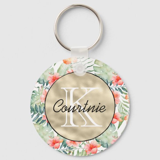 熱帯ピンクハイビスカスフローラ金ゴールドモノグラム キーホルダー (正面)
