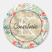 熱帯ピンクハイビスカスフローラ金ゴールドモノグラム マグネット (正面)