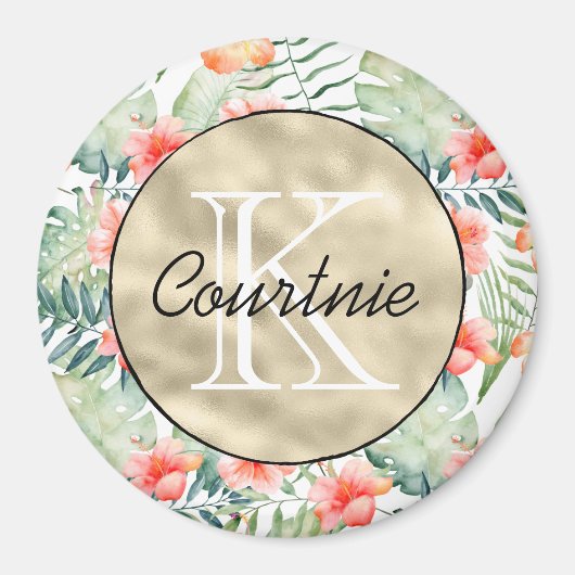 熱帯ピンクハイビスカスフローラ金ゴールドモノグラム マグネット (正面)