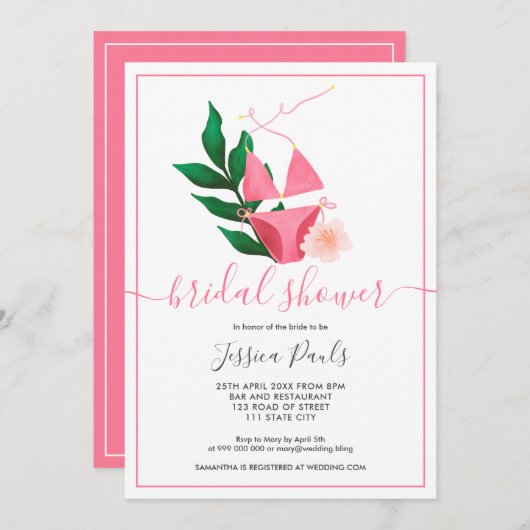熱帯ピンクビキニフローラ夏ブライダルシャワー 招待状 (正面/裏面)