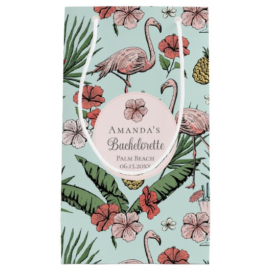 熱帯ピンクフラミンゴとハイビスカスバチェロレッテ スモールペーパーバッグ (正面)