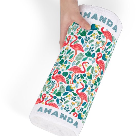 熱帯ピンクフラミンゴと熱帯葉の模様 ビーチタオル