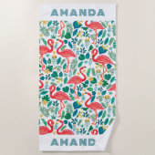 熱帯ピンクフラミンゴと熱帯葉の模様 ビーチタオル (正面)