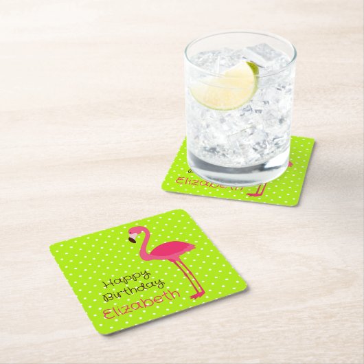 熱帯ピンクフラミンゴオングリーンホワイト水玉模様 スクエアペーパーコースター (インサイチュ)