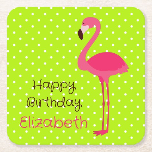 熱帯ピンクフラミンゴオングリーンホワイト水玉模様 スクエアペーパーコースター (正面)