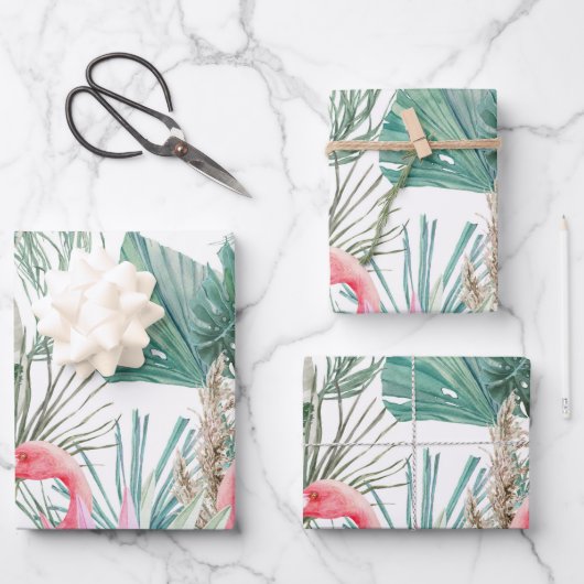 熱帯ピンクフラミンゴ結婚カップル ラッピングペーパーシート (正面)