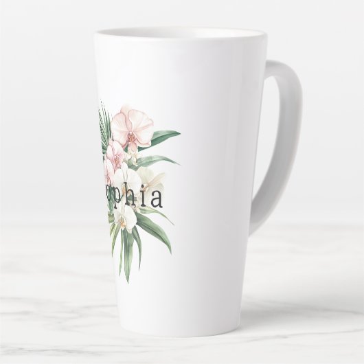 熱帯ピンク白オーキッド離れ花誕生日 カフェラテマグ (右アングル)