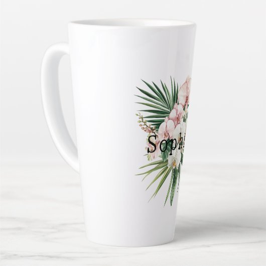 熱帯ピンク白オーキッド離れ花誕生日 カフェラテマグ (左アングル)