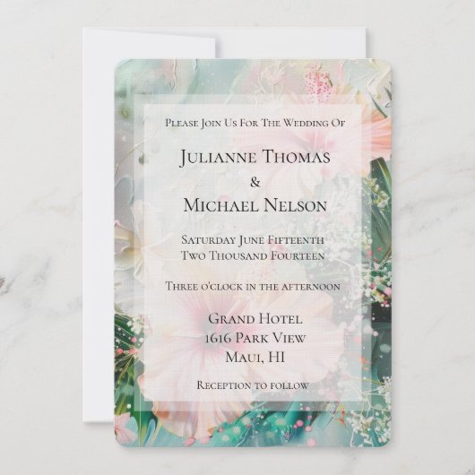 熱帯ピンク白ハイビスカス結婚フローラ 招待状 (正面)
