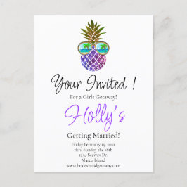 熱帯ピンク紫パイナップルバチェロレッテ招待状 ポストカード