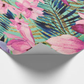 熱帯ピンク色のネイビーブルーアクア金ゴールドモダンフローラ ラッピングペーパー (角)