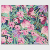 熱帯ピンク色のネイビーブルーアクア金ゴールドモダンフローラ ラッピングペーパー (フラット)