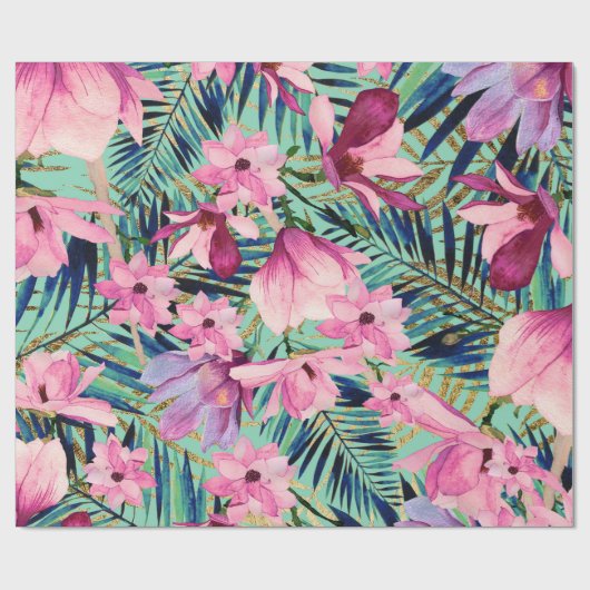 熱帯ピンク色のネイビーブルーアクア金ゴールドモダンフローラ ラッピングペーパー (フラット)