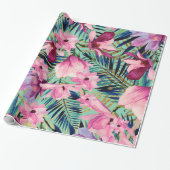 熱帯ピンク色のネイビーブルーアクア金ゴールドモダンフローラ ラッピングペーパー (アンロールド)