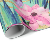 熱帯ピンク色のネイビーブルーアクア金ゴールドモダンフローラ ラッピングペーパー (ロールコーナー)