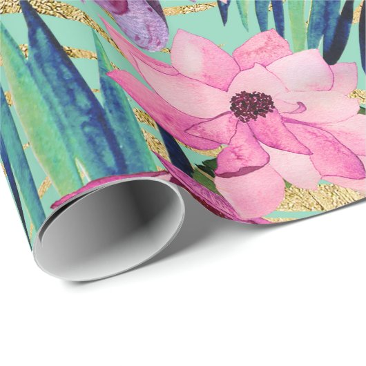 熱帯ピンク色のネイビーブルーアクア金ゴールドモダンフローラ ラッピングペーパー (ロールコーナー)