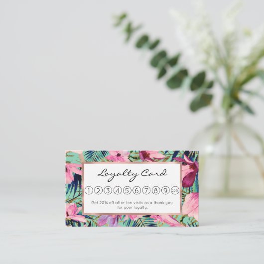 熱帯ピンク色のネイビーブルーアクア金ゴールドモダンフローラ ロイヤリティカード (スタンド正面)