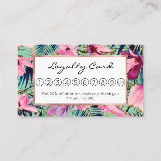熱帯ピンク色のネイビーブルーアクア金ゴールドモダンフローラ ロイヤリティカード (正面)