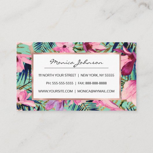 熱帯ピンク色のネイビーブルーアクア金ゴールドモダンフローラ 予約カード (裏面)