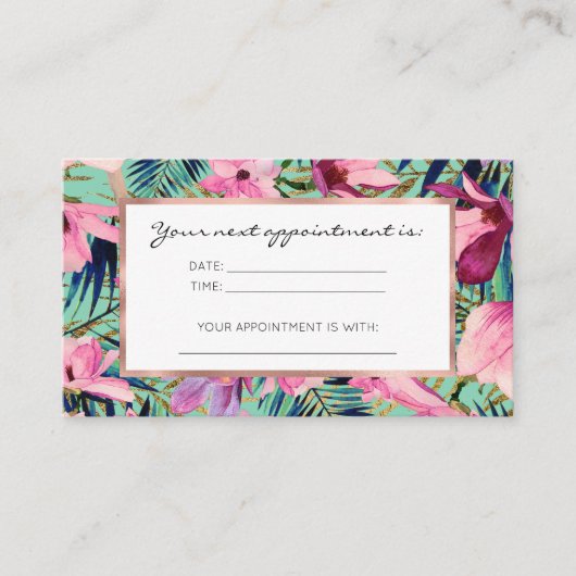 熱帯ピンク色のネイビーブルーアクア金ゴールドモダンフローラ 予約カード (正面)