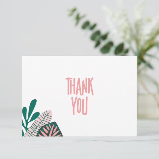 熱帯ピンク葉色の赤ちゃんシャワーサンキューカード サンキューカード (スタンド正面)