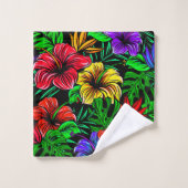 熱帯ピンク赤ブルーイエローハイビスカスフラワー バスタオルセット (ウォッシュタオル)