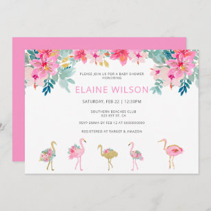 熱帯ピンク金ゴールドフラミンゴベビーシャワー 招待状