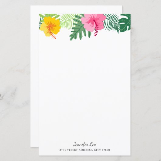 熱帯ピンク黄色のハイビスカス植物文房具 (正面/裏面)