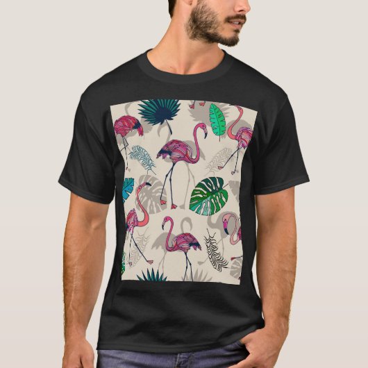 熱帯ファンタジー:フラミンゴ葉パターン Tシャツ (正面)