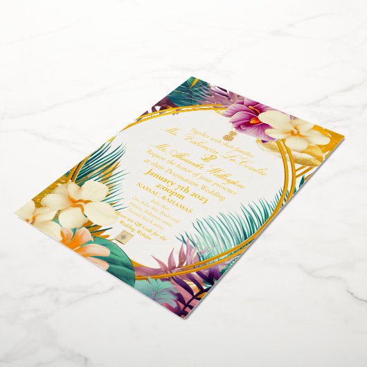熱帯フォーマルエレガントをテーマにした目的地の結婚式 箔招待状 (回転した状態)
